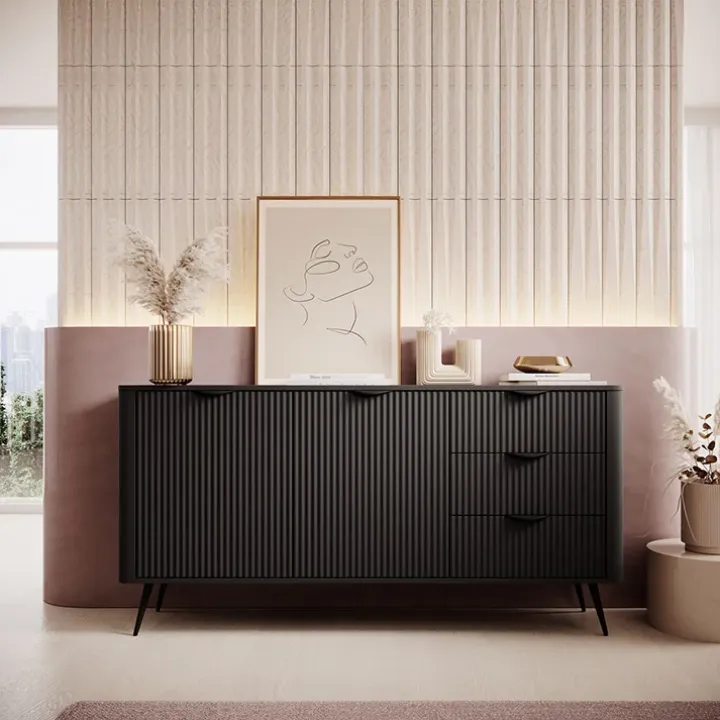 Madia 163x81h cm 2 ante 3 cassetti nero opaco cannettato Ramis
