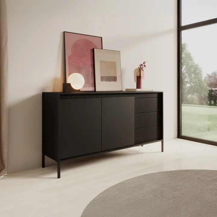 Madia 154x82h cm 2 ante 3 cassetti nero opaco cannettato Ciar