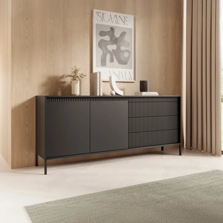 Madia 187x82h cm 2 ante 3 cassetti nero opaco cannettato Ciar
