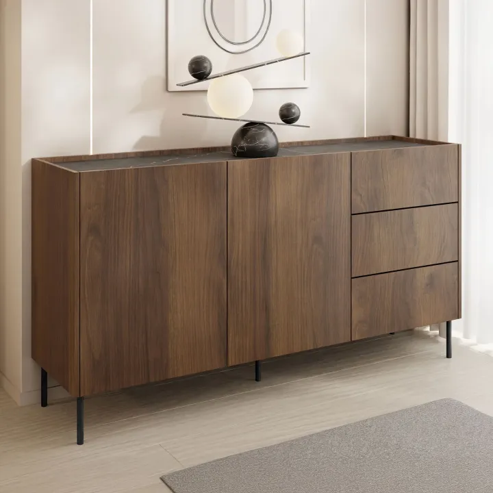 Madia 160x78h cm 2 ante 3 cassetti piano effetto marmo nero noce Caliva