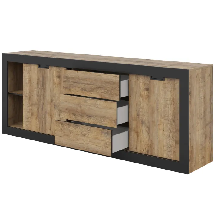 Madia 220x 85h cm 2 ante 3 cassetti rovere rustico nero Ilyssa
