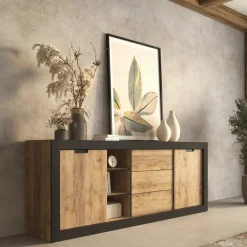 Madia 220x 85h cm 2 ante 3 cassetti rovere rustico nero Ilyssa