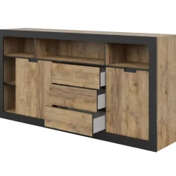 Madia 220x110 h cm 2 ante 3 cassetti 6 vani a giorno rovere rustico nero Ilyssa