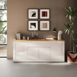 Madia 207x88h cm 4 ante 1 cassetto con led bianco lucido rovere chiaro Istria