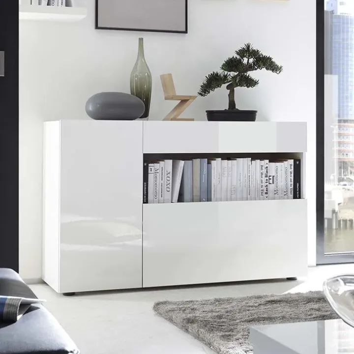 Madia 130x82h cm 2 ante 1 cassetto moderna bianco lucido Steppi