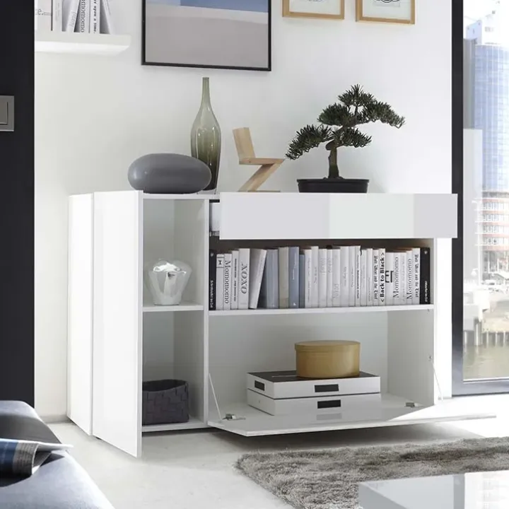 Madia 130x82h cm 2 ante 1 cassetto moderna bianco lucido Steppi