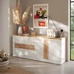 Madia 207x88h cm 4 ante con led bianco lucido rovere chiaro Istria