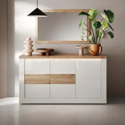 Madia 160x84h cm 3 ante con led bianco lucido rovere chiaro Istria