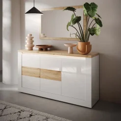 Madia 160x84h cm 3 ante con led bianco lucido rovere chiaro Istria