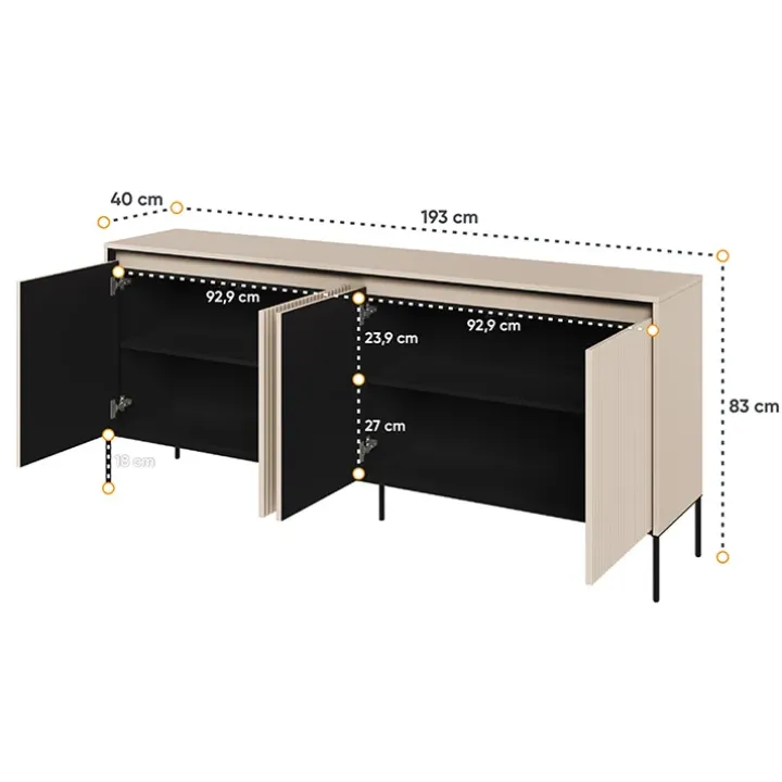 Madia 193x83h cm 4 ante con led cannettato beige nero Camelia