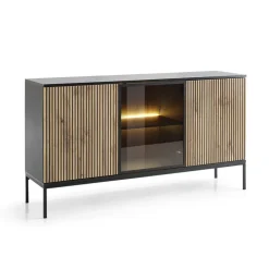 Madia 153x83h cm 3 ante con vetrina nero rovere antico cannettato Bali
