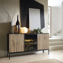 Madia 153x83h cm 3 ante con vetrina nero rovere antico cannettato Bali