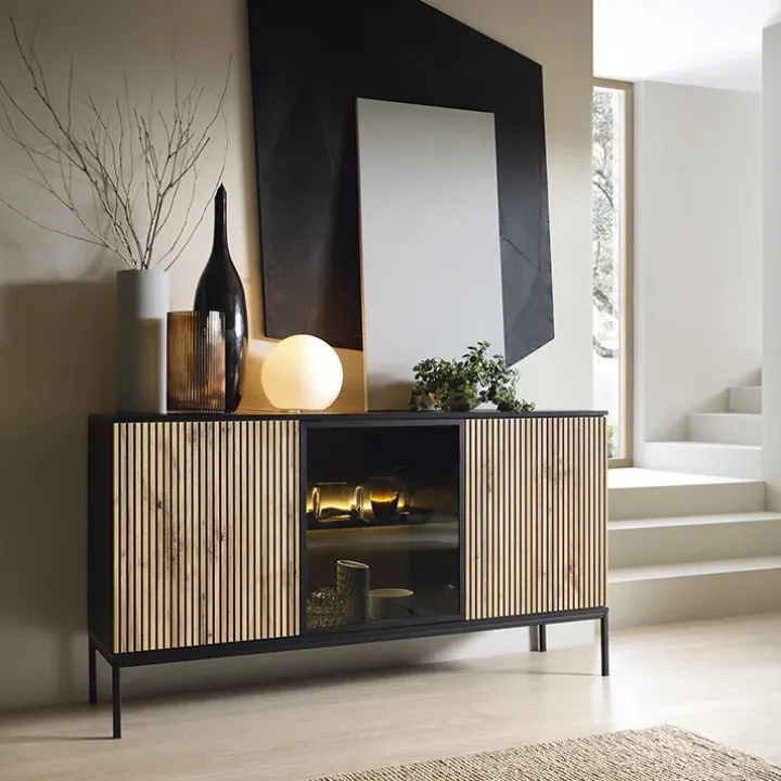 Madia 153x83h cm 3 ante con vetrina nero rovere antico cannettato Bali