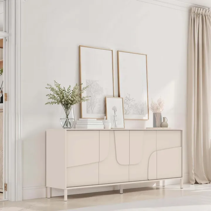 Madia 205x84h cm 4 ante design in rilievo con piedini beige cashmere Sonia