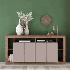 Madia 210x102h cm 4 ante e vani a vista beige cashmere rovere scuro Trilogy