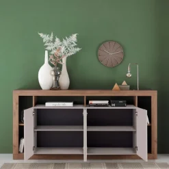 Madia 210x102h cm 4 ante e vani a vista beige cashmere rovere scuro Trilogy