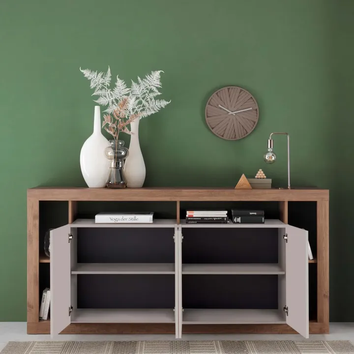 Madia 210x102h cm 4 ante e vani a vista beige cashmere rovere scuro Trilogy