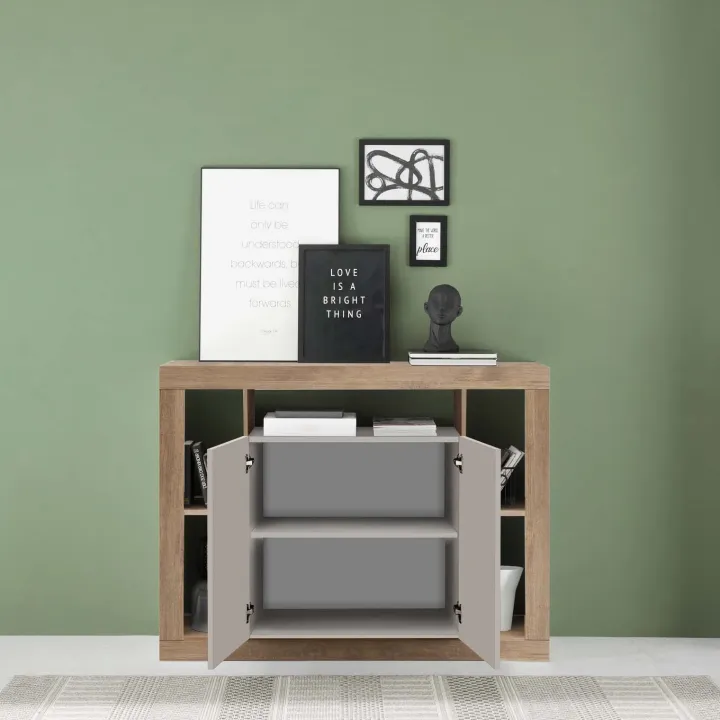 Madia 134x102h cm 2 ante e vani a vista beige cashmere rovere scuro Trilogy