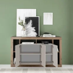 Madia 172x102h cm 3 ante e vani a vista beige cashmere rovere scuro Trilogy