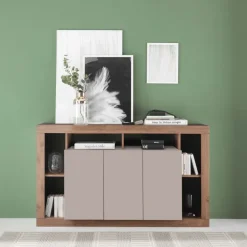 Madia 172x102h cm 3 ante e vani a vista beige cashmere rovere scuro Trilogy