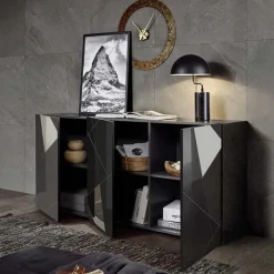 Madia 181x84h cm 3 ante grigio lucido specchio con serigrafia Olimpo