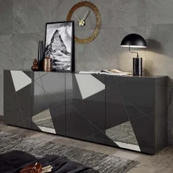 Madia 241x84h cm 4 ante grigio lucido specchio con serigrafia Olimpo