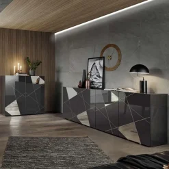 Madia 241x84h cm 4 ante grigio lucido specchio con serigrafia Olimpo