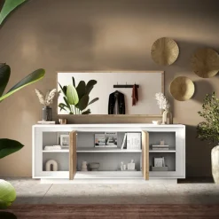Madia 207x80h cm 4 ante moderna bianco opaco rovere chiaro Deluxe