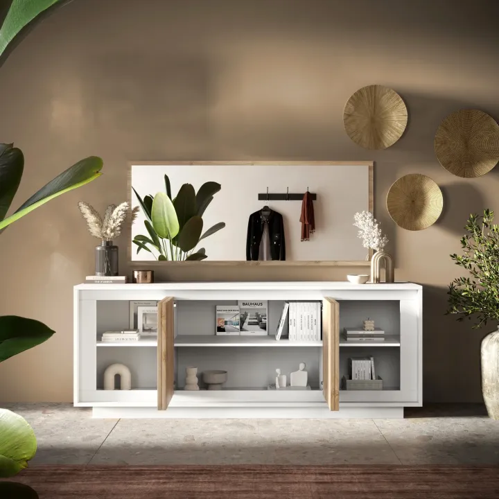 Madia 207x80h cm 4 ante moderna bianco opaco rovere chiaro Deluxe
