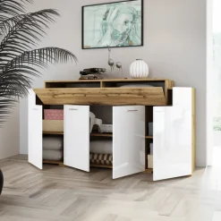Madia 200x87h cm 4 ante moderna bianco lucido quercia Shan