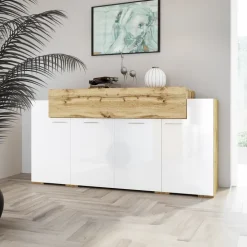 Madia 200x87h cm 4 ante moderna bianco lucido quercia Shan