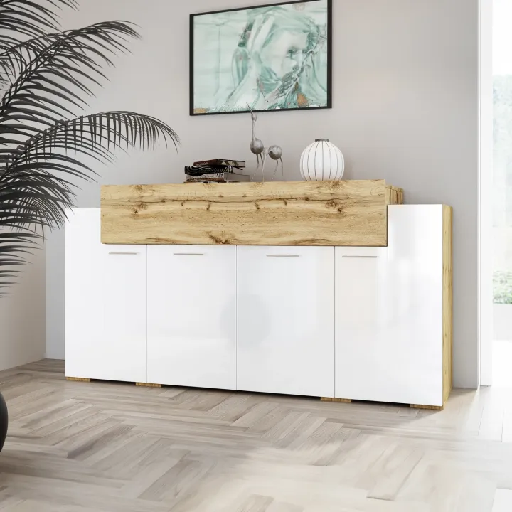 Madia 200x87h cm 4 ante moderna bianco lucido quercia Shan