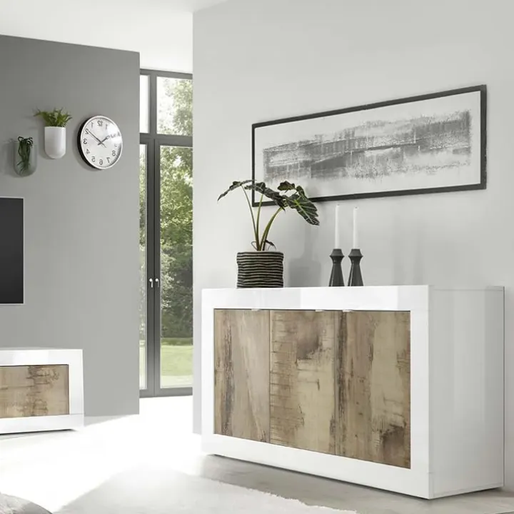 Madia 160x86h cm 3 ante moderna bianco lucido pero Eternity