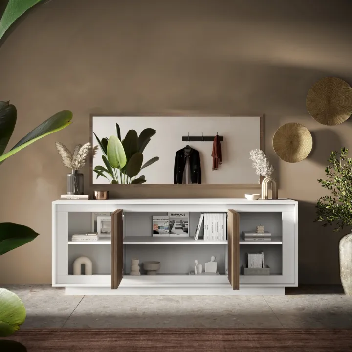 Madia 207x80h cm 4 ante moderna bianco opaco rovere scuro Deluxe