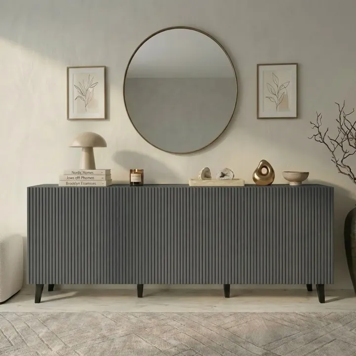 Madia 201x83h cm 4 ante moderna cannettato antracite Essence
