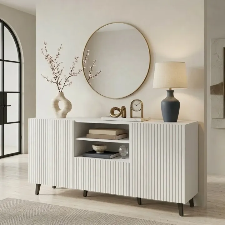 Madia 151x83h cm 3 ante moderna industrial cannettato bianco Essence