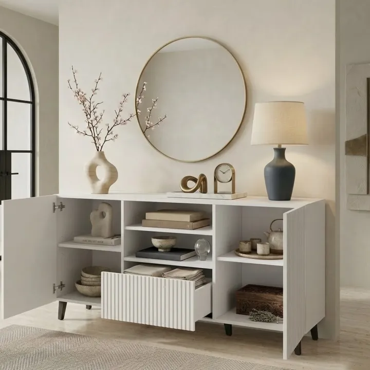 Madia 151x83h cm 3 ante moderna industrial cannettato bianco Essence