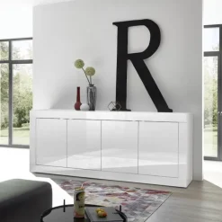 Madia 207x86h cm 4 ante moderna soggiorno bianco lucido Eternity