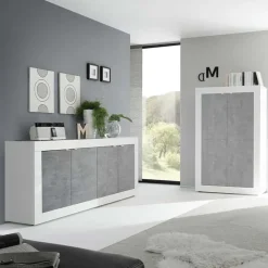 Madia 207x86h cm 4 ante moderna soggiorno bianco lucido cemento Eternity