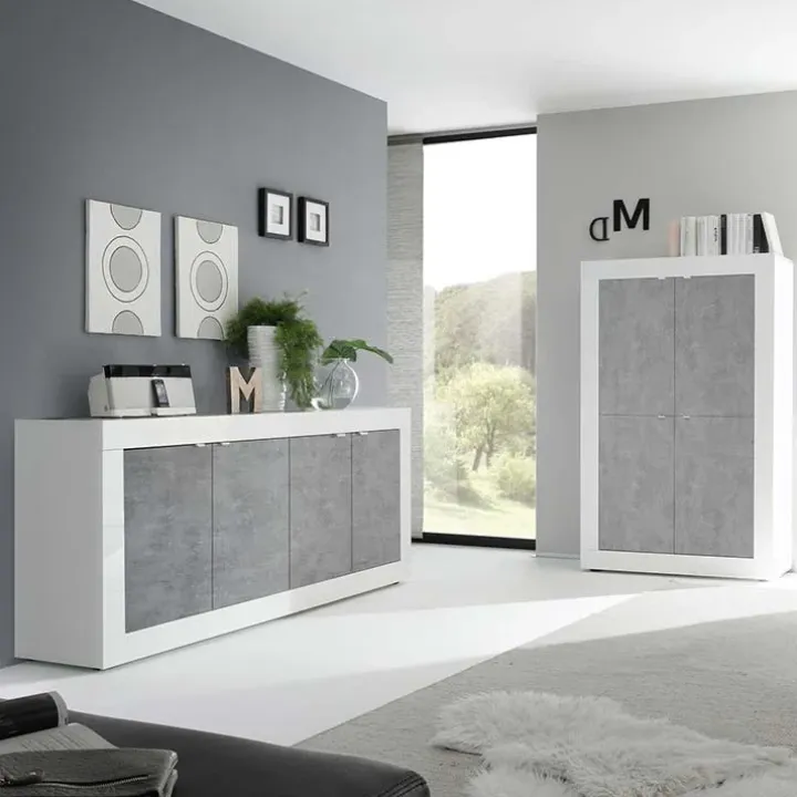 Madia 207x86h cm 4 ante moderna soggiorno bianco lucido cemento Eternity