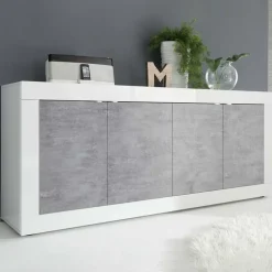 Madia 207x86h cm 4 ante moderna soggiorno bianco lucido cemento Eternity