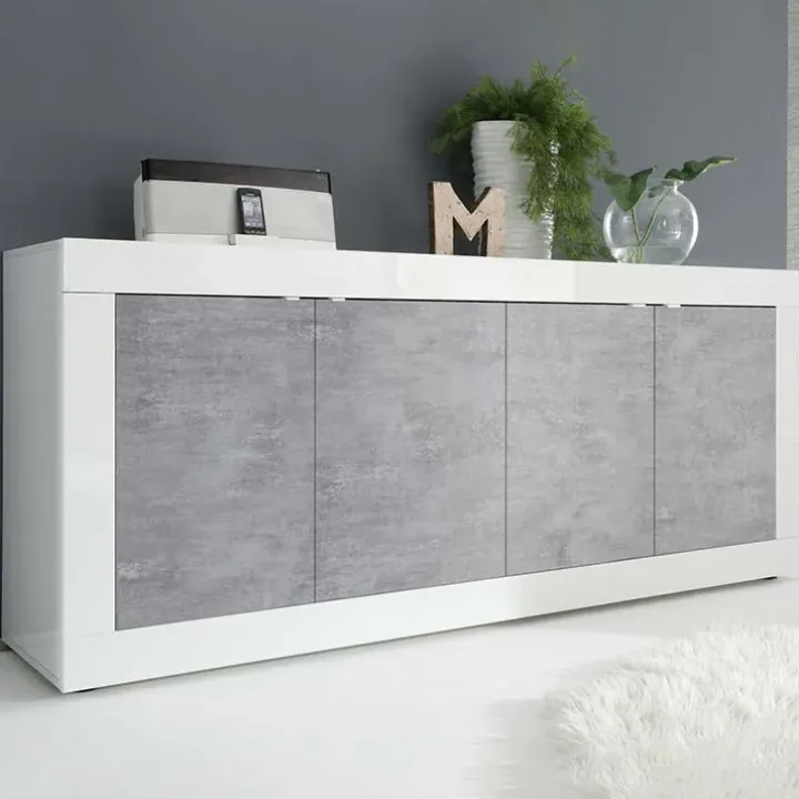 Madia 207x86h cm 4 ante moderna soggiorno bianco lucido cemento Eternity