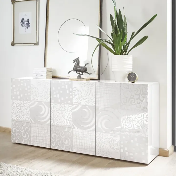 Madia 181x84h cm 3 ante moderna soggiorno bianco laccato lucido Paradise