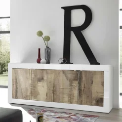 Madia 207x86h cm 4 ante moderna soggiorno bianco lucido pero Eternity
