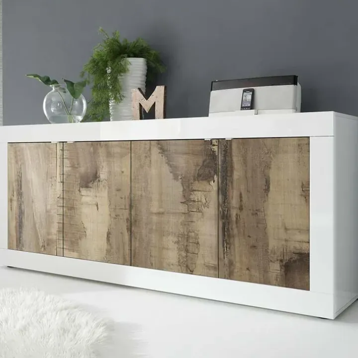 Madia 207x86h cm 4 ante moderna soggiorno bianco lucido pero Eternity