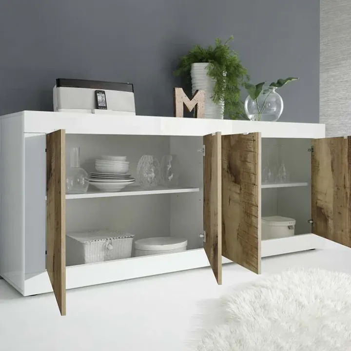 Madia 207x86h cm 4 ante moderna soggiorno bianco lucido pero Eternity