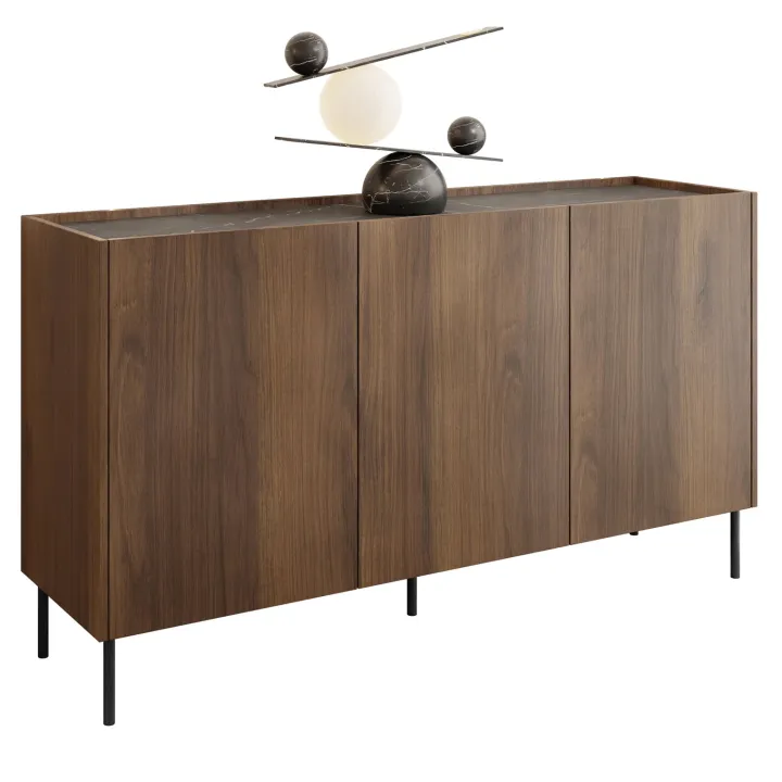 Madia 144x78h cm 3 ante 3 ripiani piano effetto marmo nero noce Caliva
