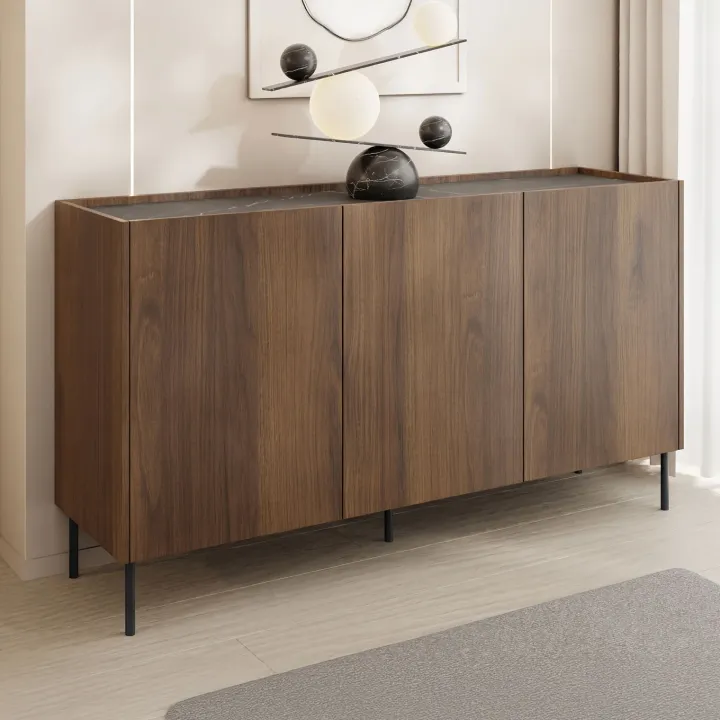 Madia 144x78h cm 3 ante 3 ripiani piano effetto marmo nero noce Caliva