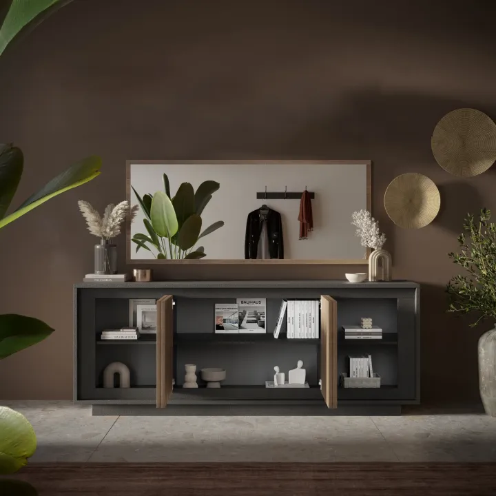 Madia 207x80h cm 4 ante soggiorno antracite rovere scuro Savoy