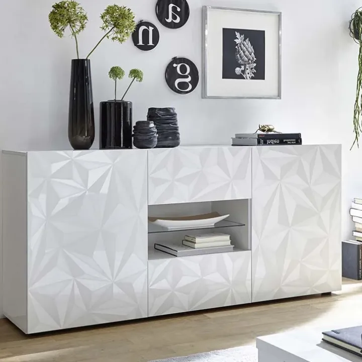 Madia 181x84h cm 2 ante soggiorno bianco laccato lucido con serigrafia Marvis